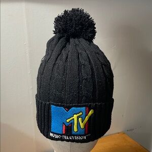 Vintage MTV Black Pom Knit Beanie with Blue, Yellow & Red Logo